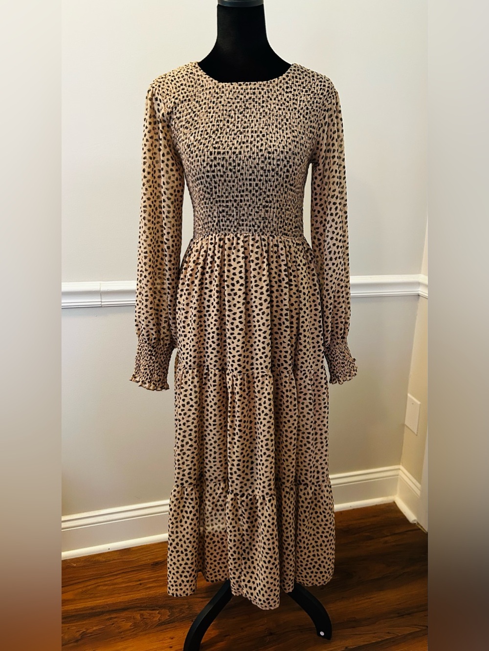 vestique Beige & Black Animal Print Smocked Maxi Dress